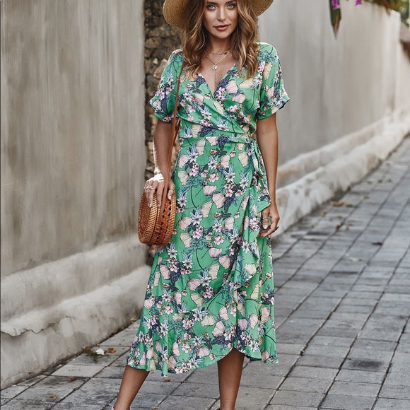 B2G1♦️🆕Floral V Neck Side Tie Ruffled Dress Jade - Picture 6 of 8